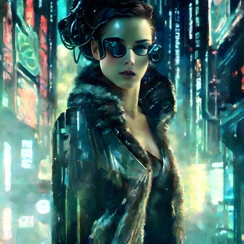 Digital artwork: Woman in sunglasses and fur coat in vibrant futuristic cityscape