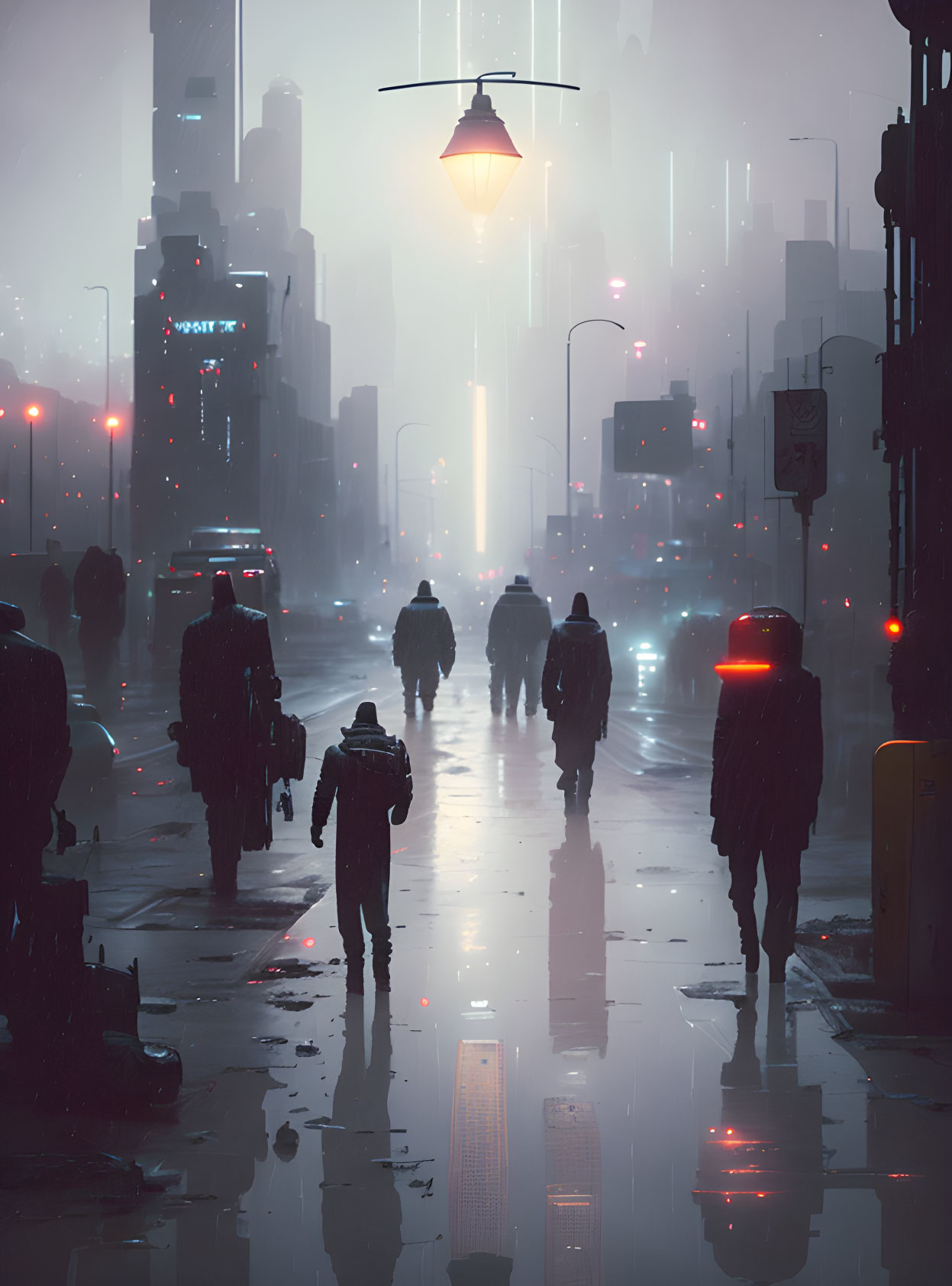 Futuristic city street at dusk with rain and neon lights