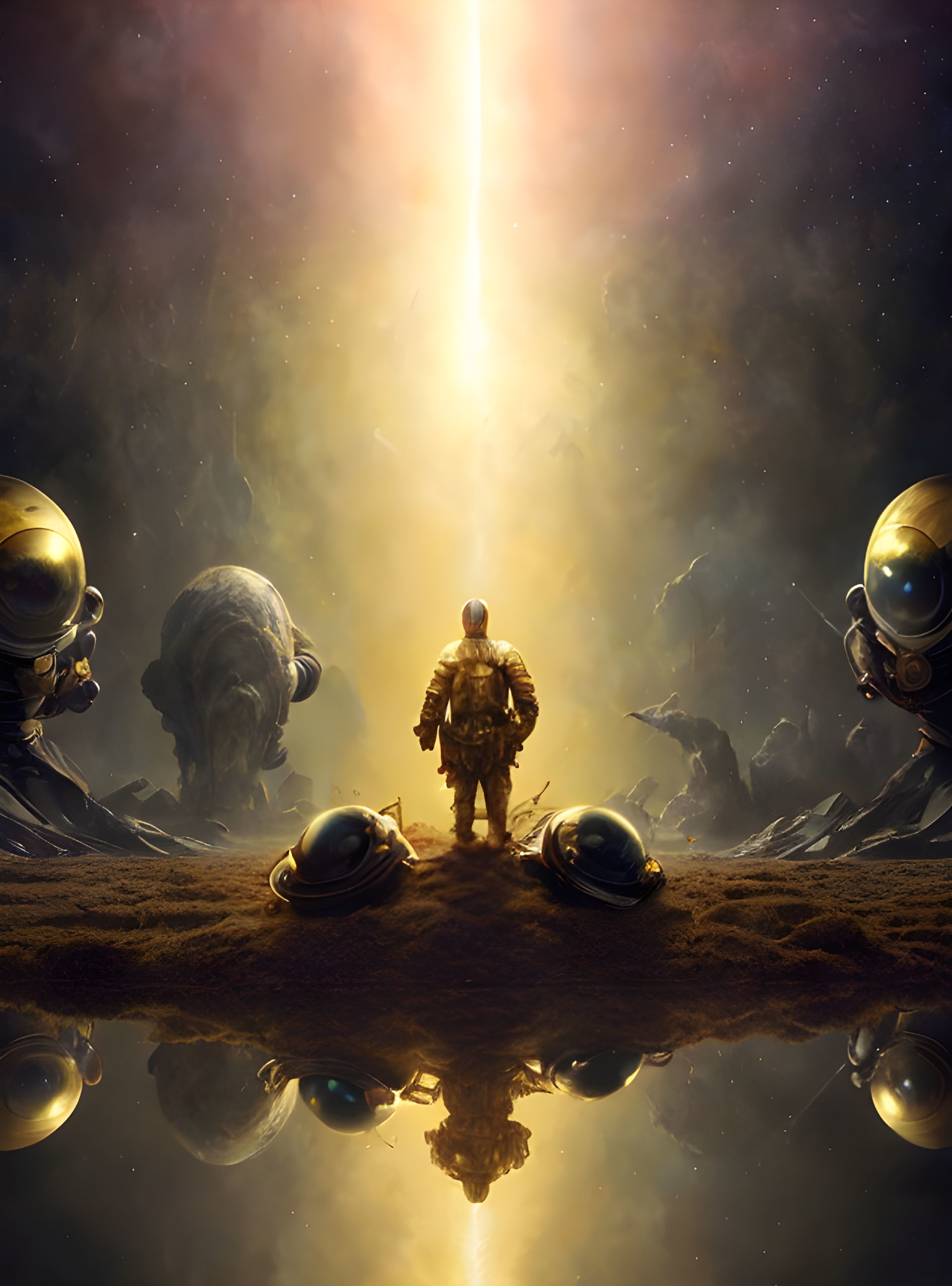 Astronaut in cosmic light with helmeted figures and reflections