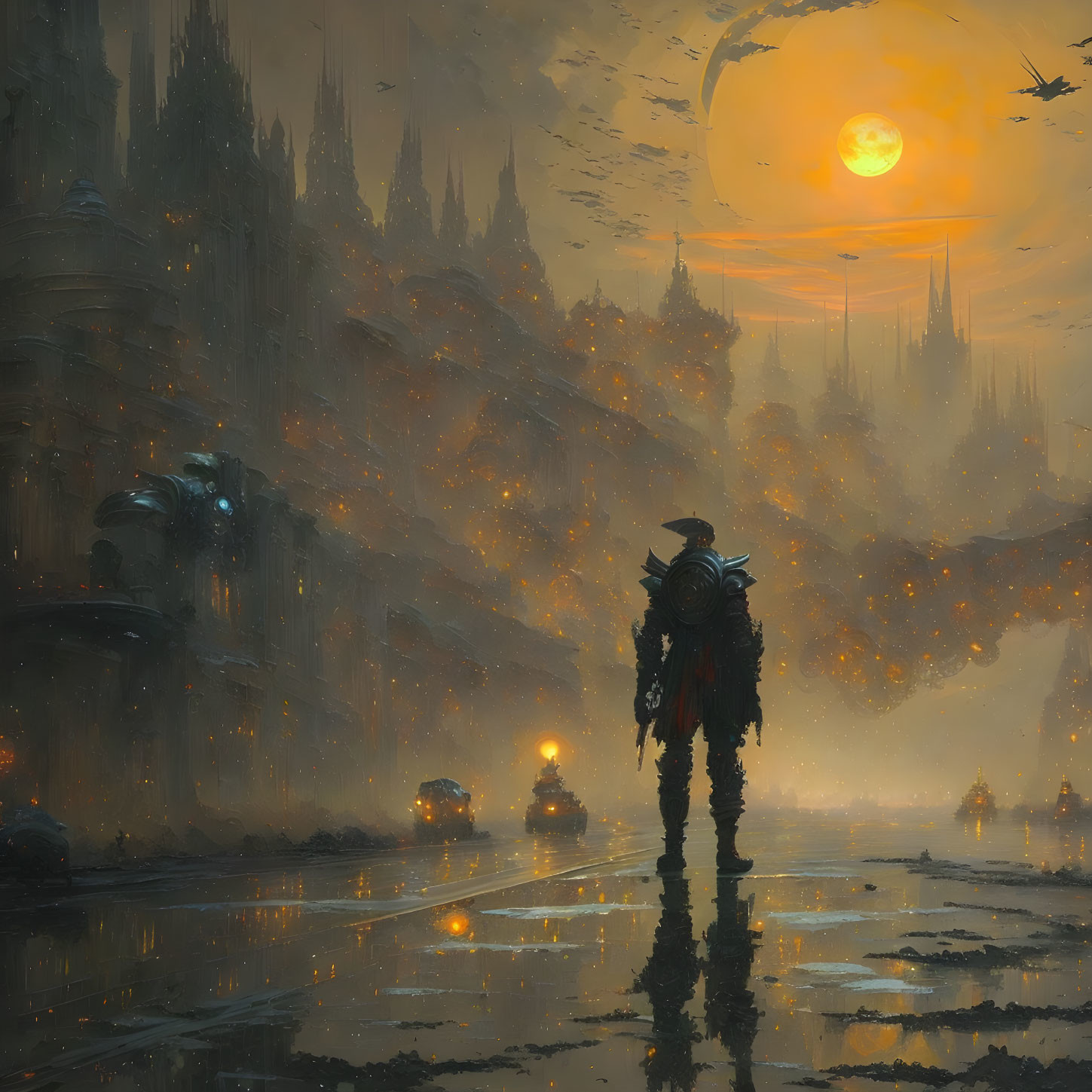 Futuristic cityscape: lone armored figure in wet street