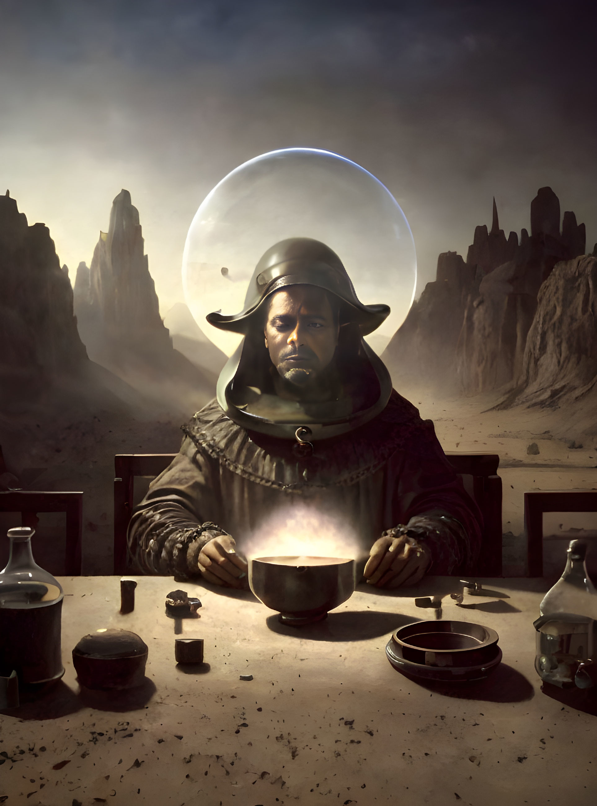 Person in futuristic helmet with alchemical flasks in barren landscape