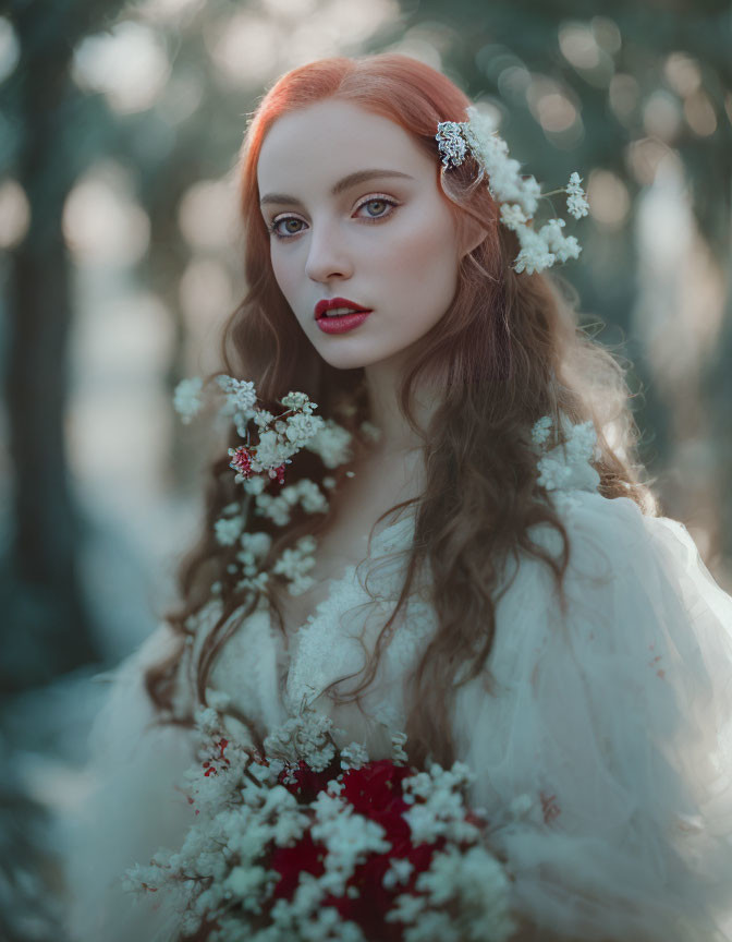 Woman with flowing hair in forest setting adorned with flowers.