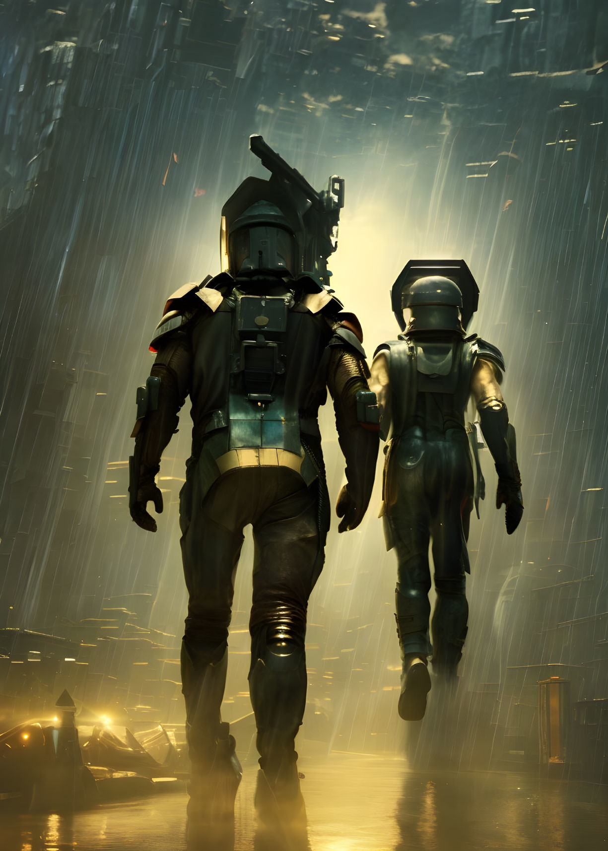 Astronauts in space suits under falling rain on soft backlight