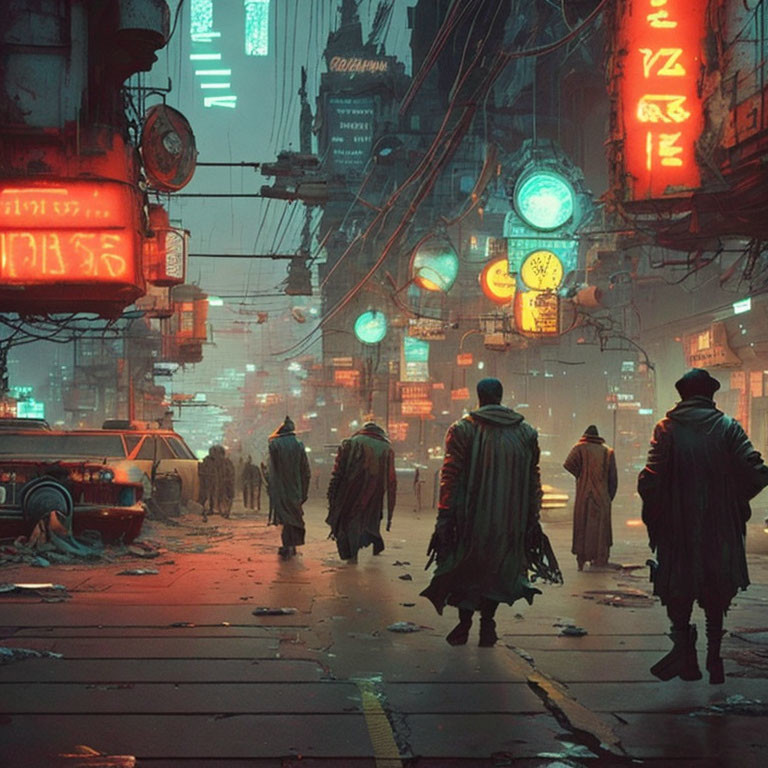 Group of People in Heavy Coats Walking in Neon-Lit Dystopian Cityscape