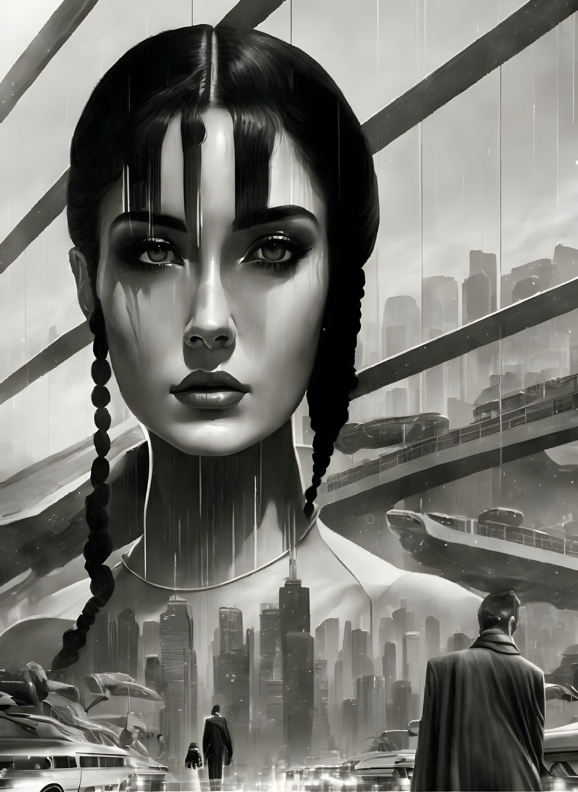 Monochrome artwork: Woman with braided hair in futuristic cityscape