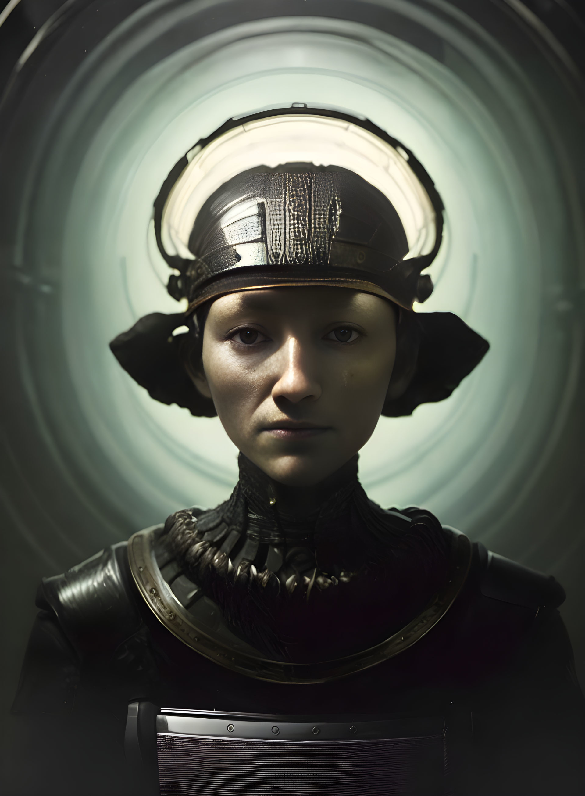 Futuristic armored person with serious expression in circular light