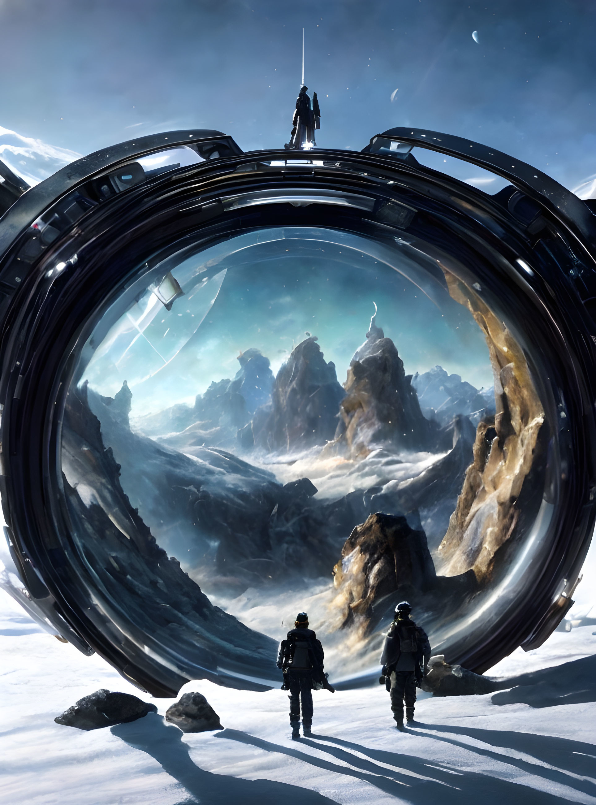 Three astronauts at circular portal in alien landscape