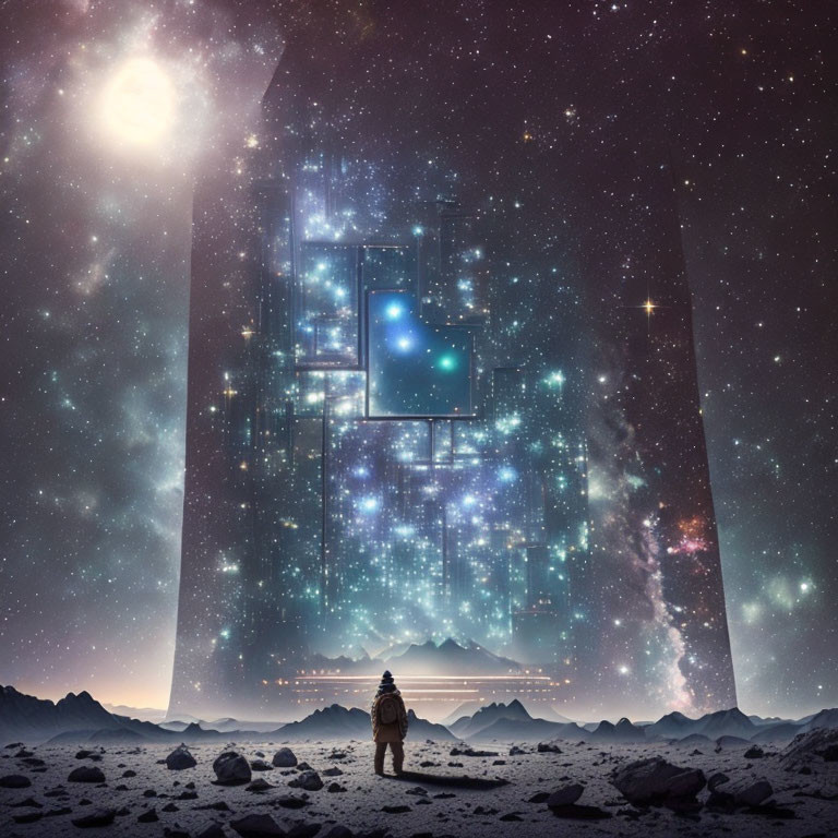 Person gazes at cosmic structure on rocky terrain under moonlit sky