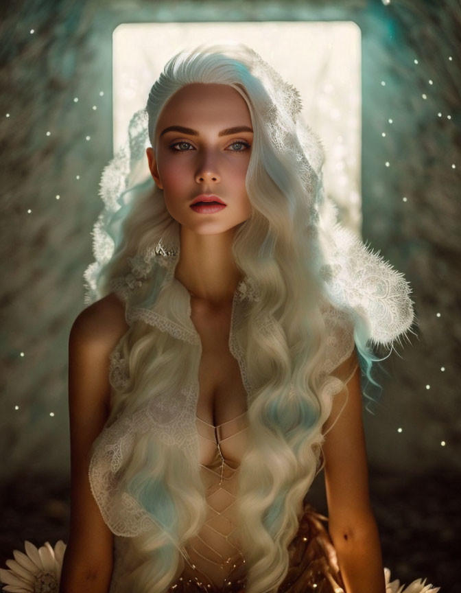 Woman with long wavy white hair in ethereal attire in fantasy setting.