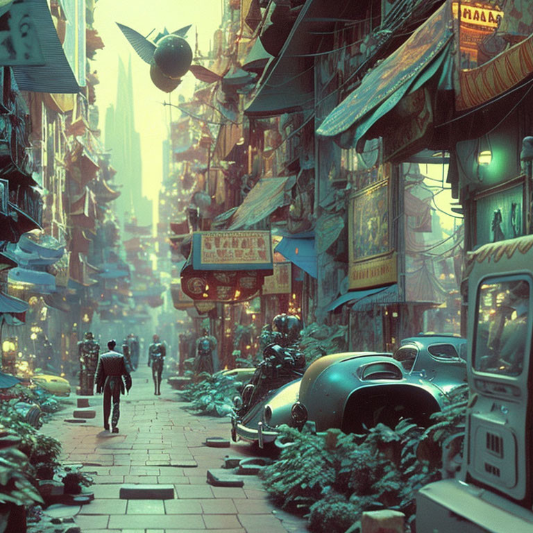 Futuristic cyberpunk alley with neon signs and pedestrians