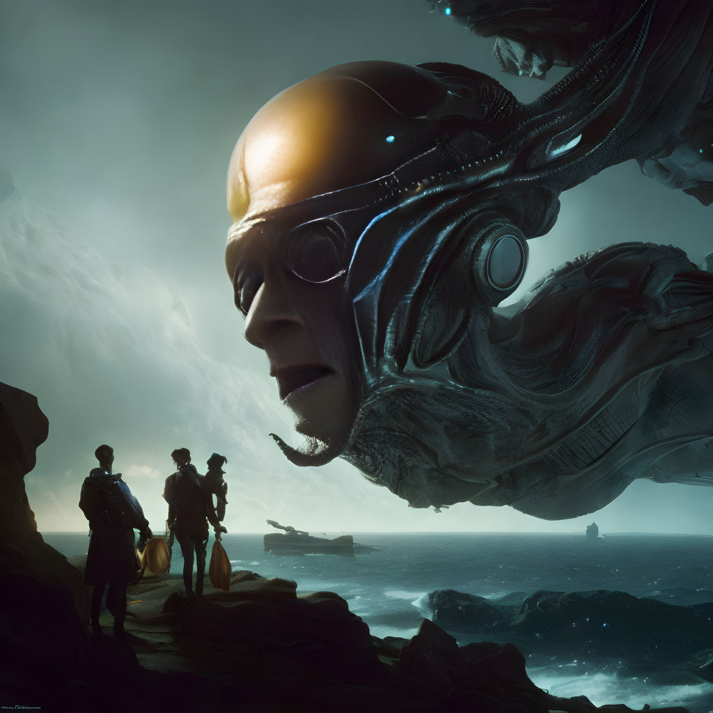 Surreal artwork of three figures by stormy sea with futuristic mechanical head