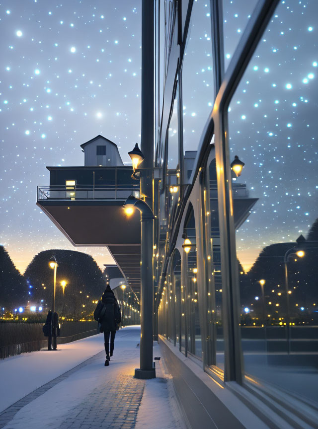 Snowy sidewalk scene under starry twilight sky with glass barrier and street lamps