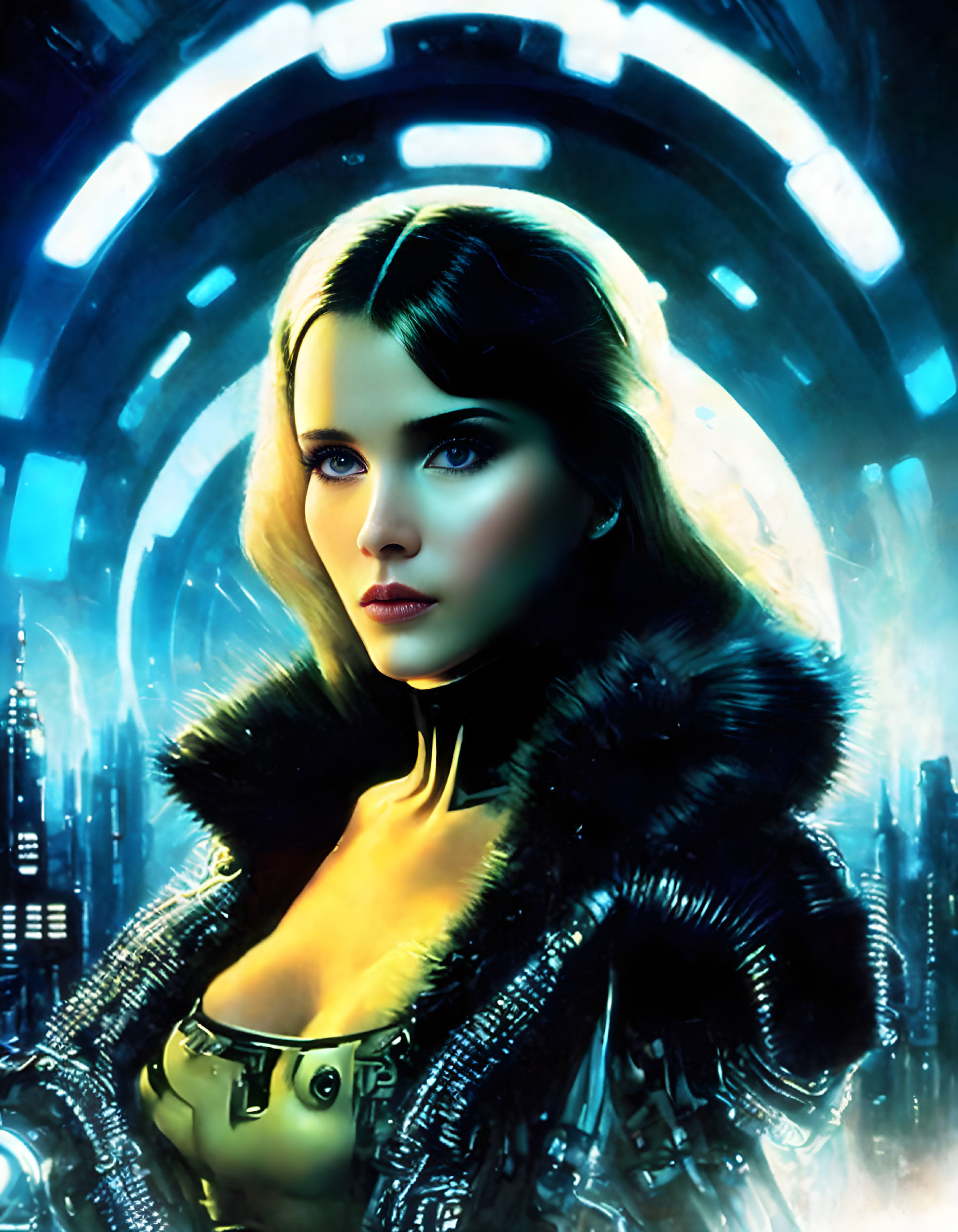 Dark-haired woman with fur collar in futuristic cityscape.