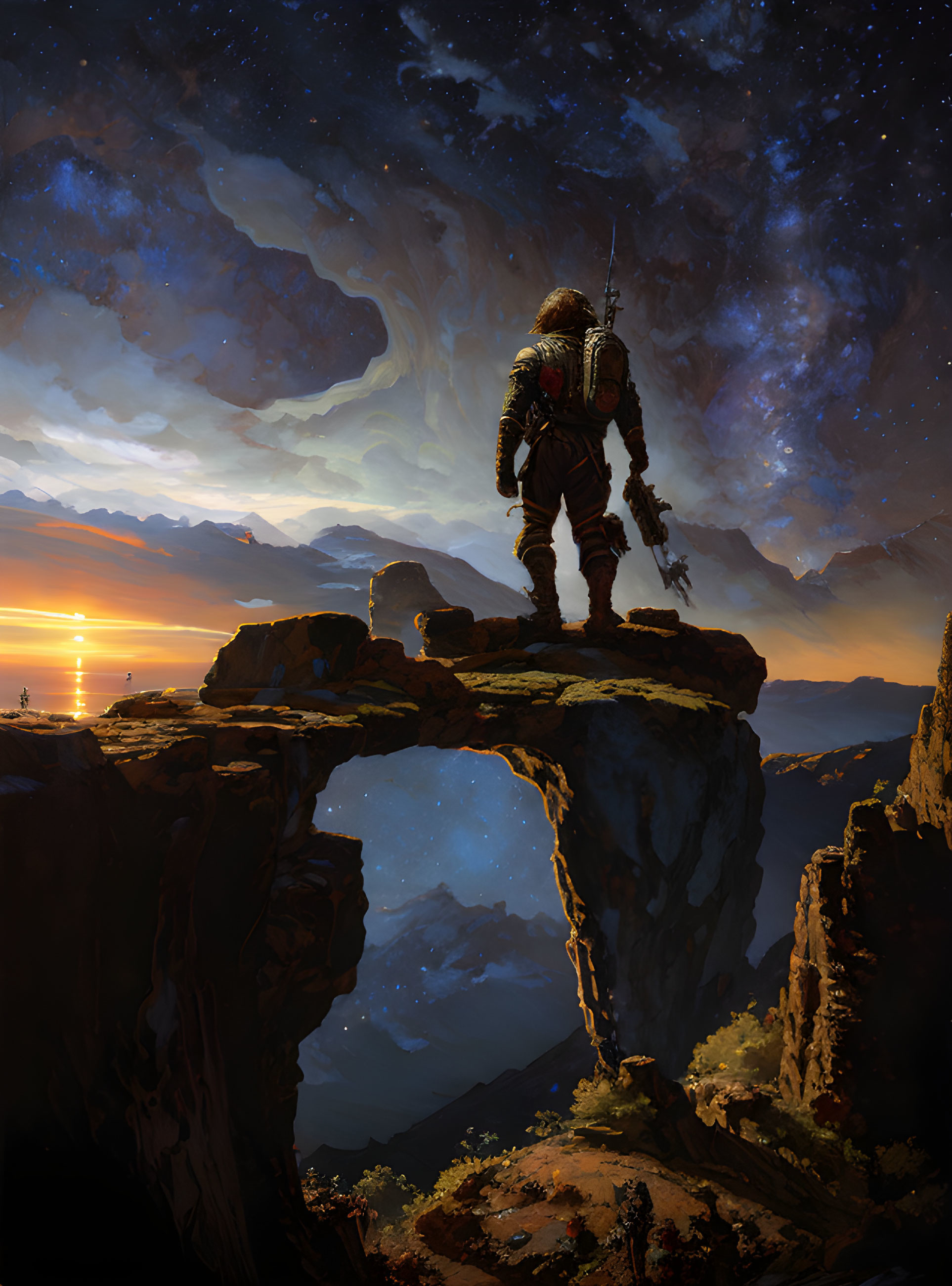 Astronaut on rocky alien arch gazes at starry sky and setting sun