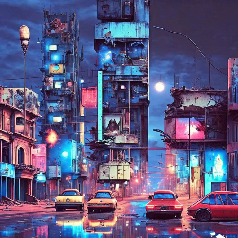 Cyberpunk streetscape at twilight with neon signs, dilapidated buildings, and vintage cars.