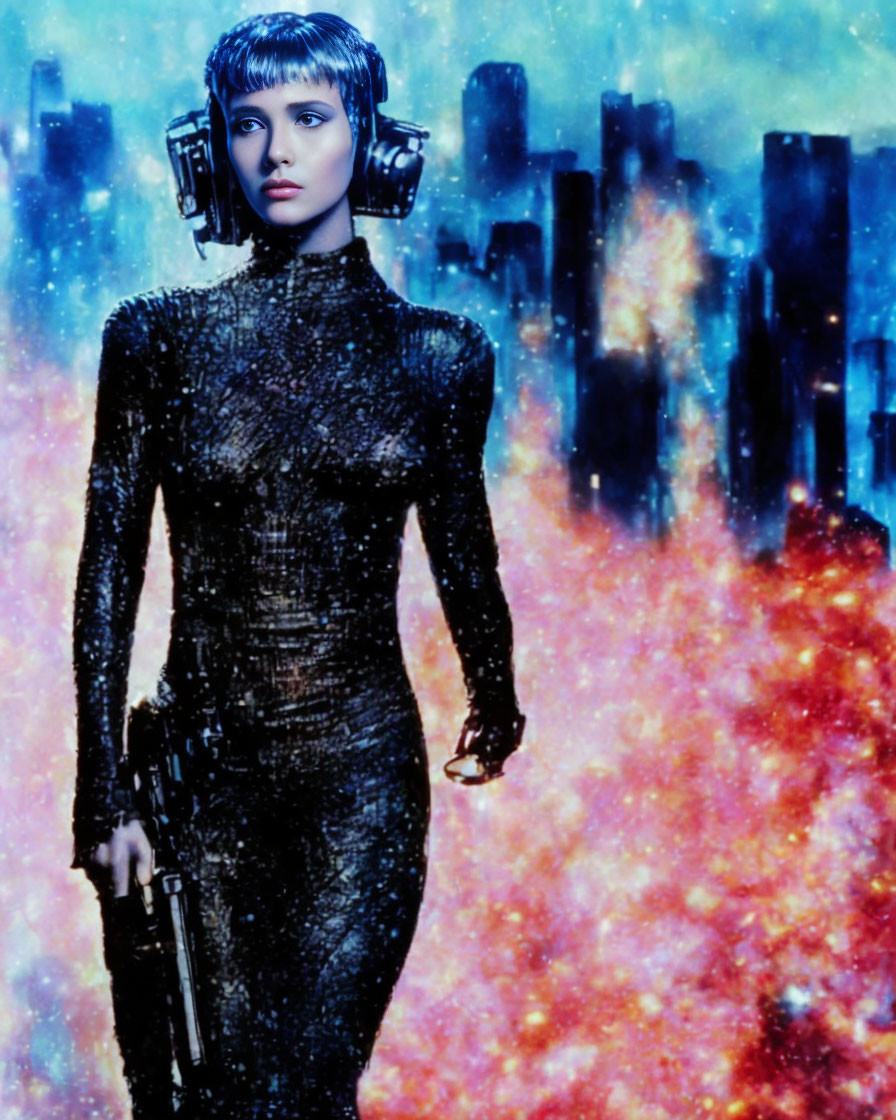 Futuristic female figure with cybernetic enhancements in black suit holding weapon against cityscape and explosion