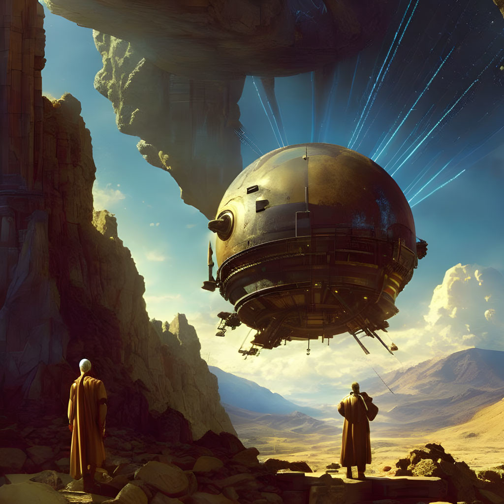 Futuristic airship descending in desert canyon with figures in robes.