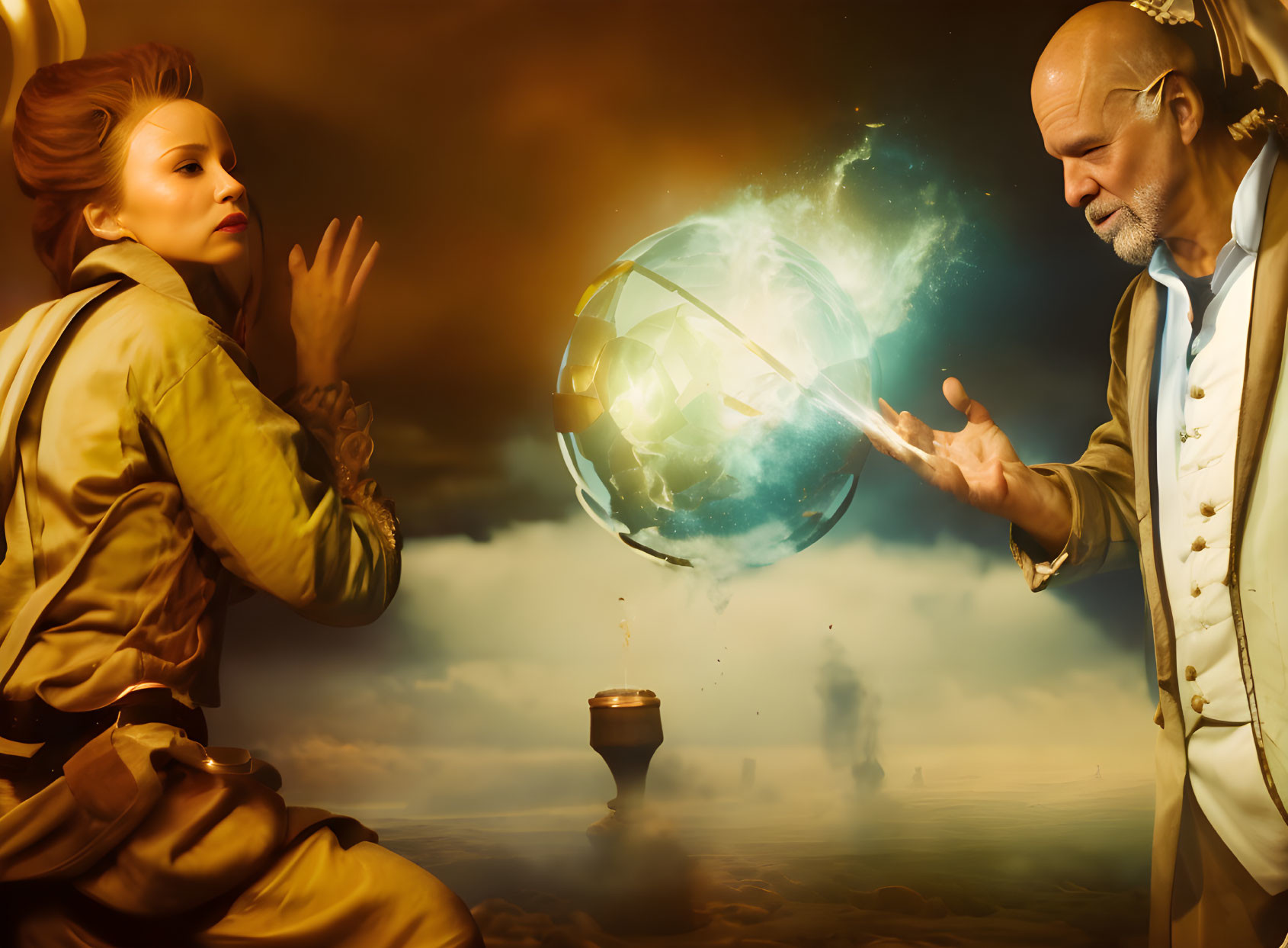 Vintage-dressed man and woman amazed by glowing fractured globe in dramatic setting