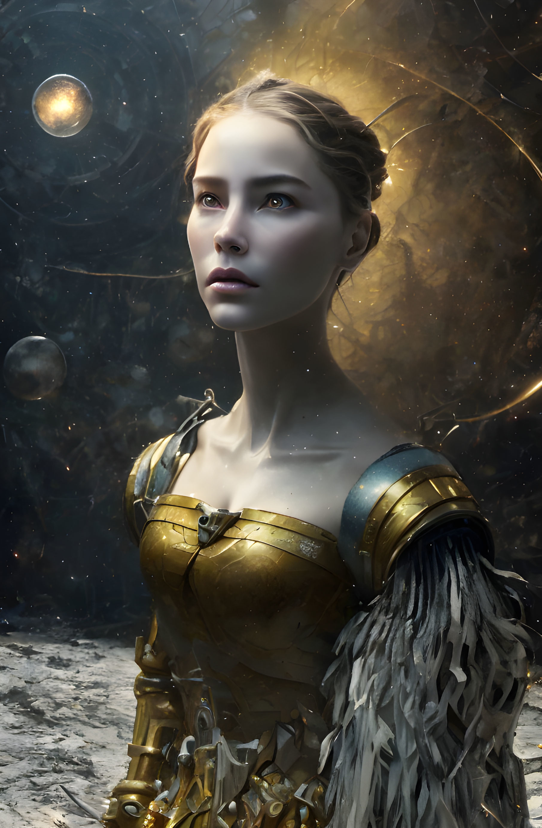 Ethereal woman in golden armor with feathered shoulder pieces against celestial background