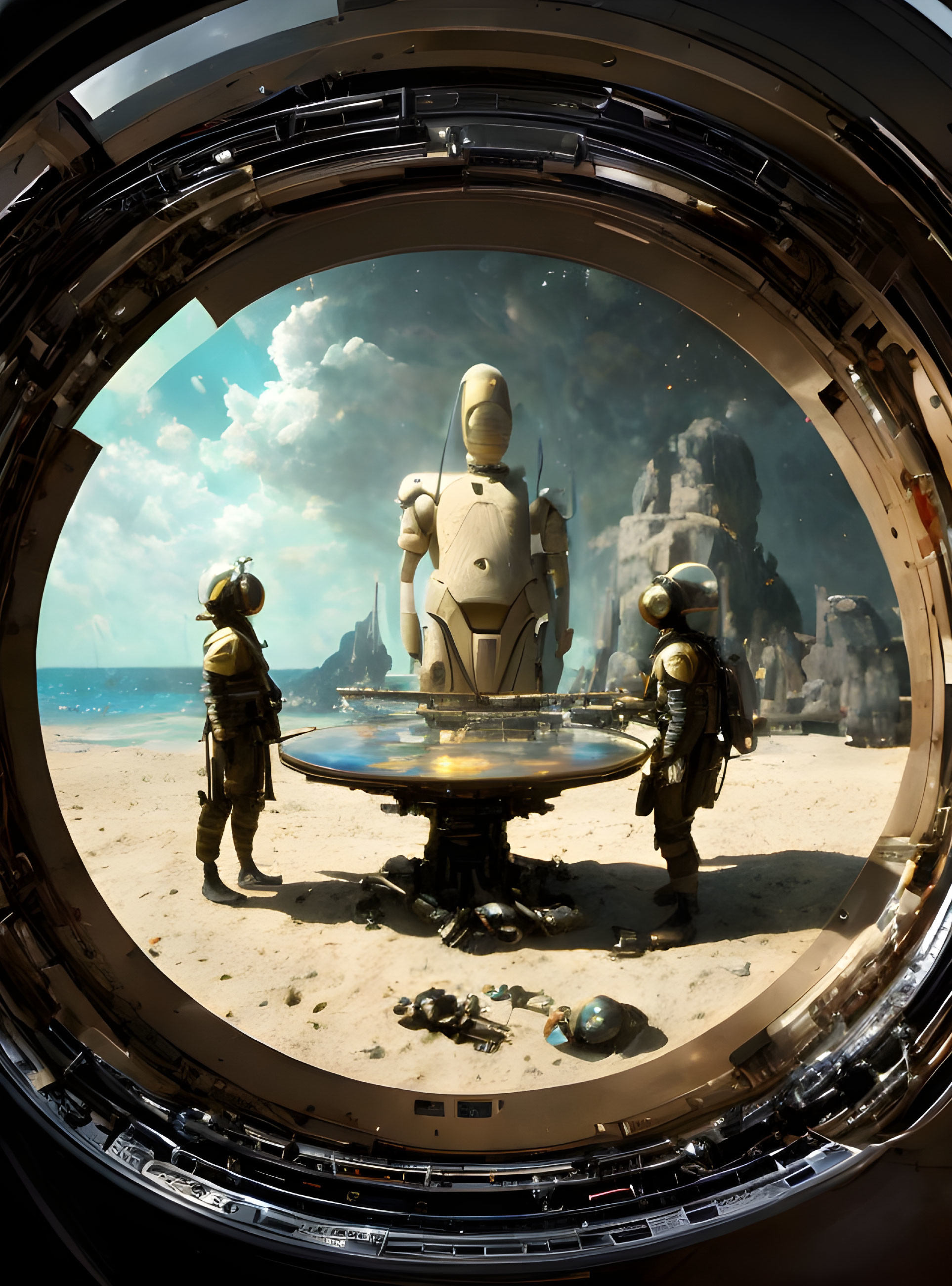 Astronauts and humanoid robot on sandy planet viewed from spacecraft airlock