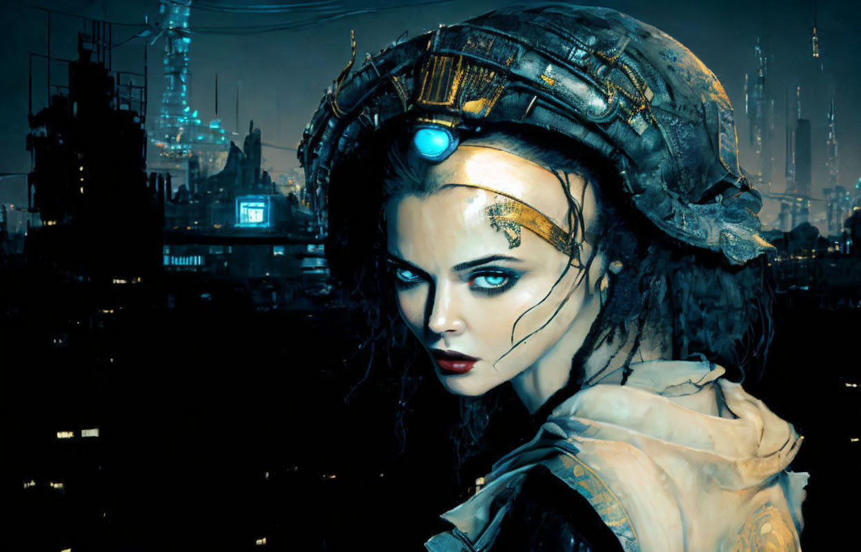 Futuristic woman with cybernetic headpiece in neon-lit cityscape