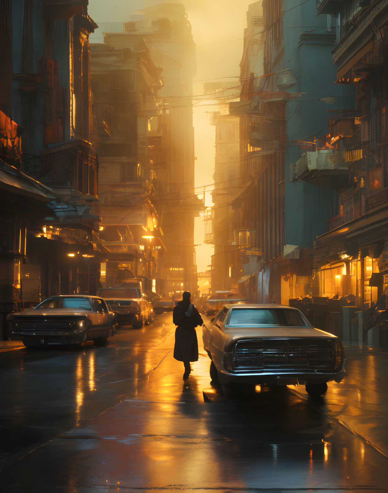 Solitary figure in neon-lit, rainy street with retro-futuristic cars and towering buildings.