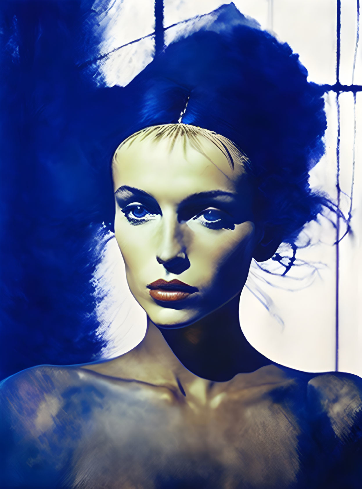 Stylized portrait of woman with blue tones, large hair adornment, and marked contouring against