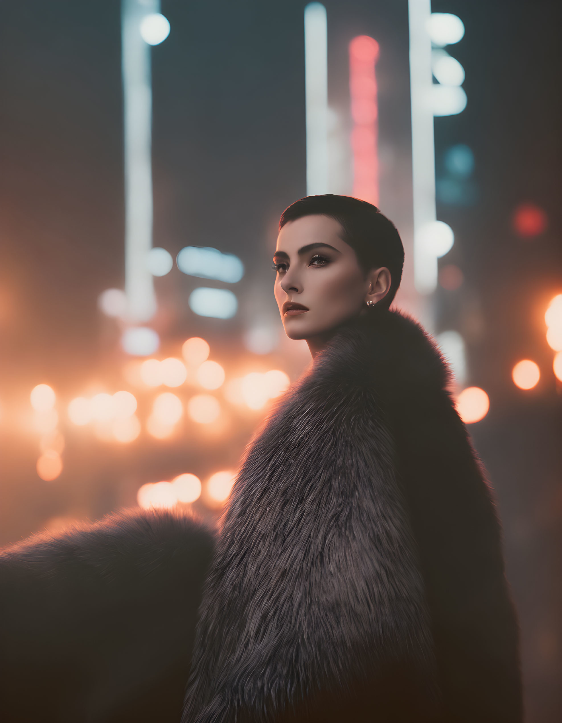 Pixie cut woman in fur coat against city lights backdrop