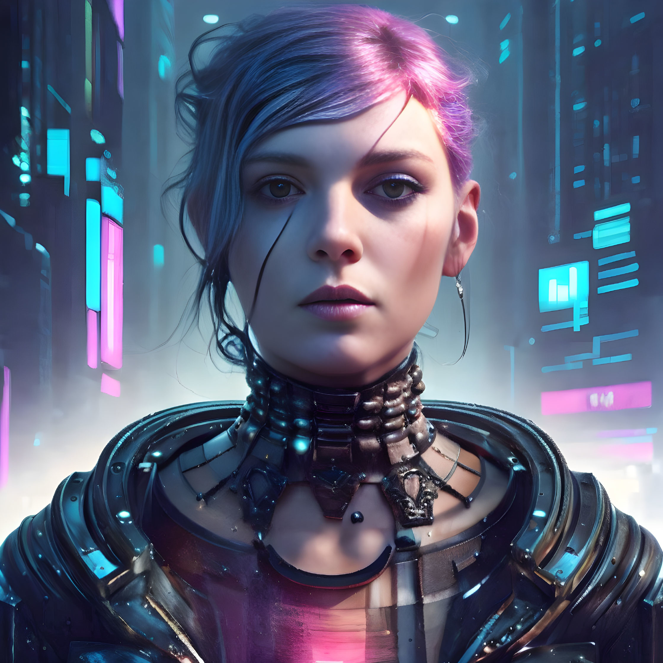 Futuristic woman with blue-purple hair in cybernetic armor in neon-lit cityscape