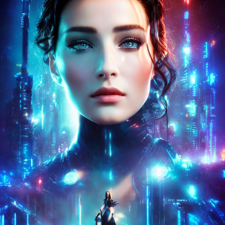 Digital woman's face over futuristic cityscape with neon lights & skyscrapers.