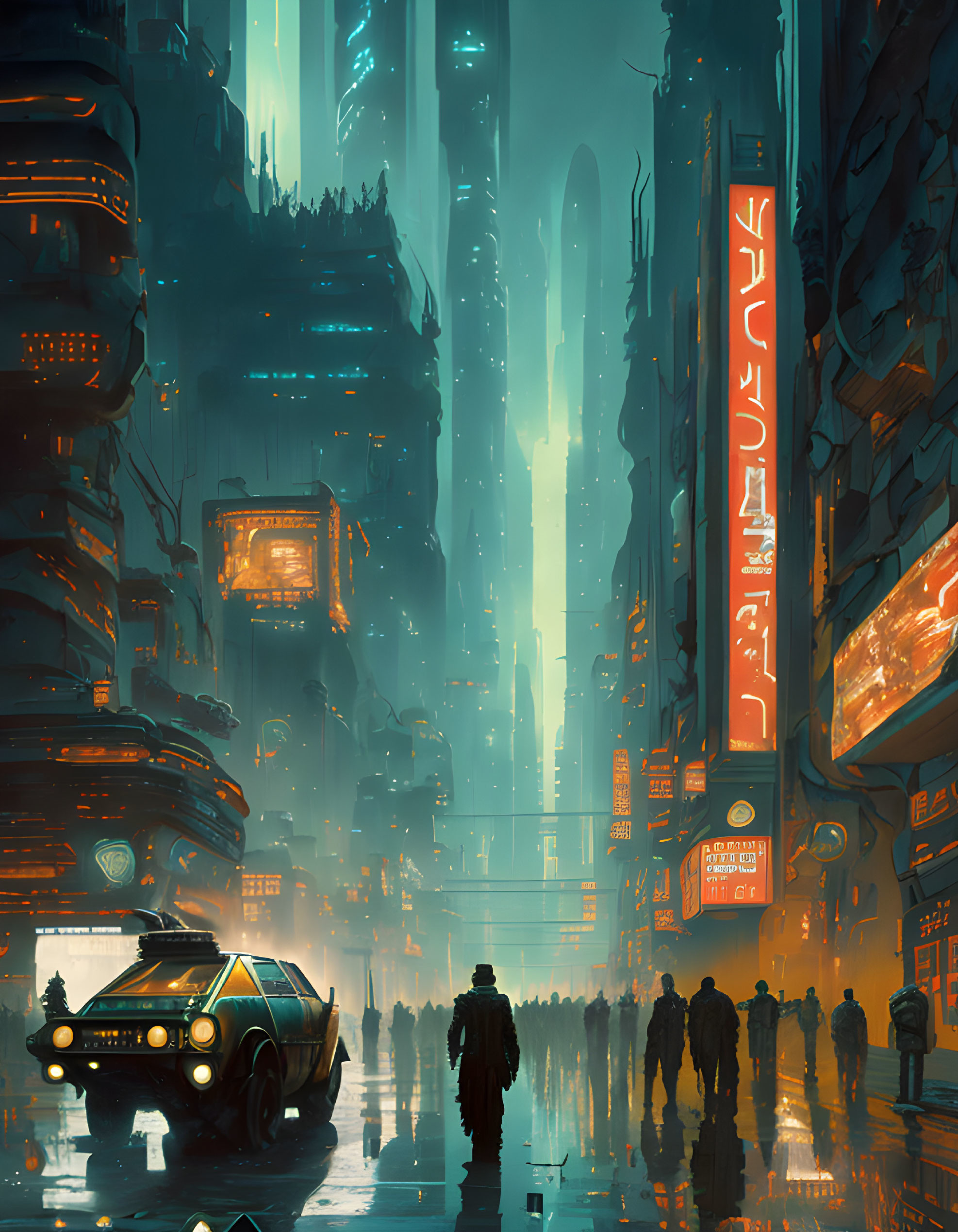 Futuristic night cityscape with skyscrapers, neon signs, classic car, and silhou