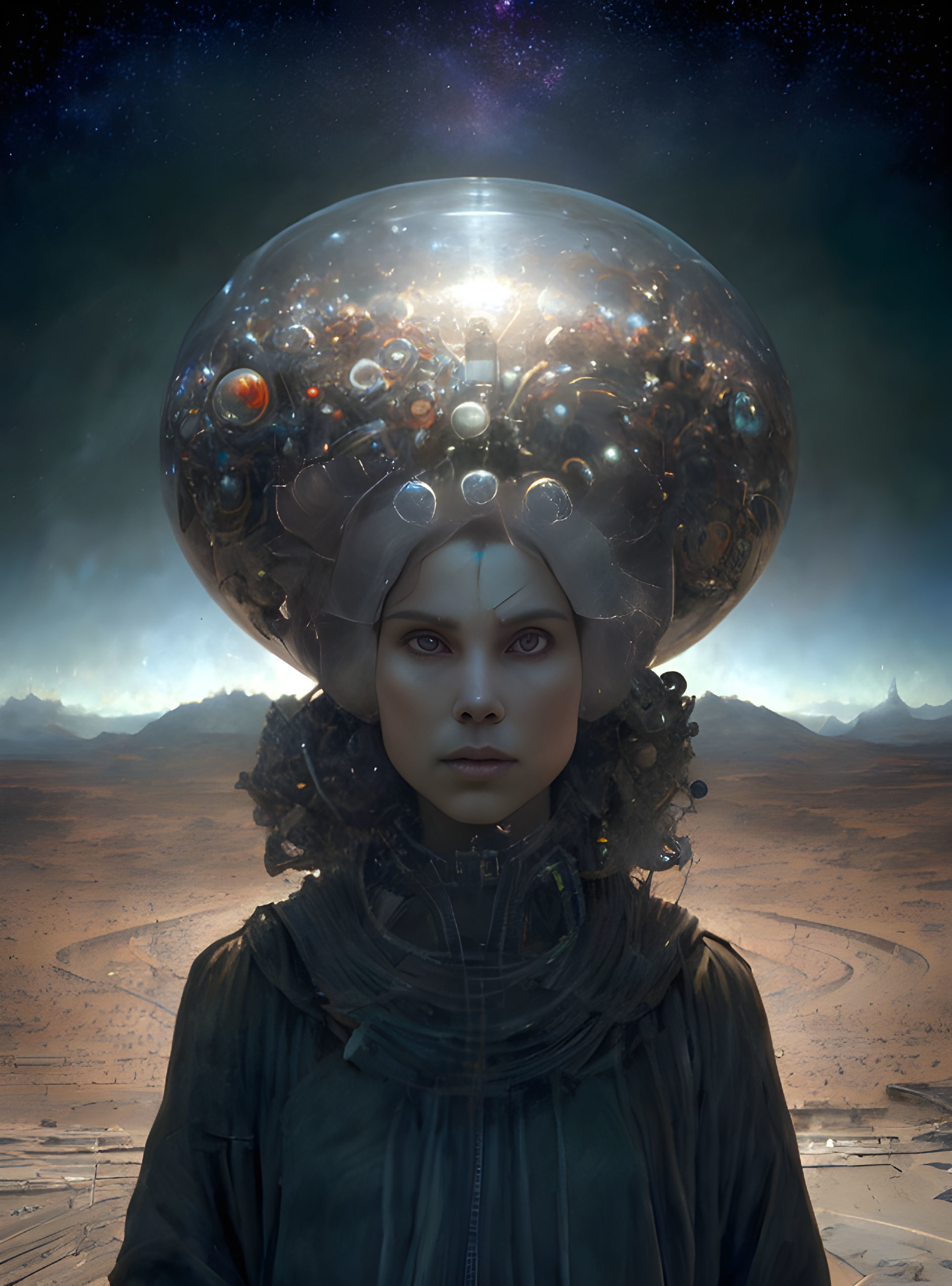 Elaborate transparent helmet with cosmic elements in desert under starry sky