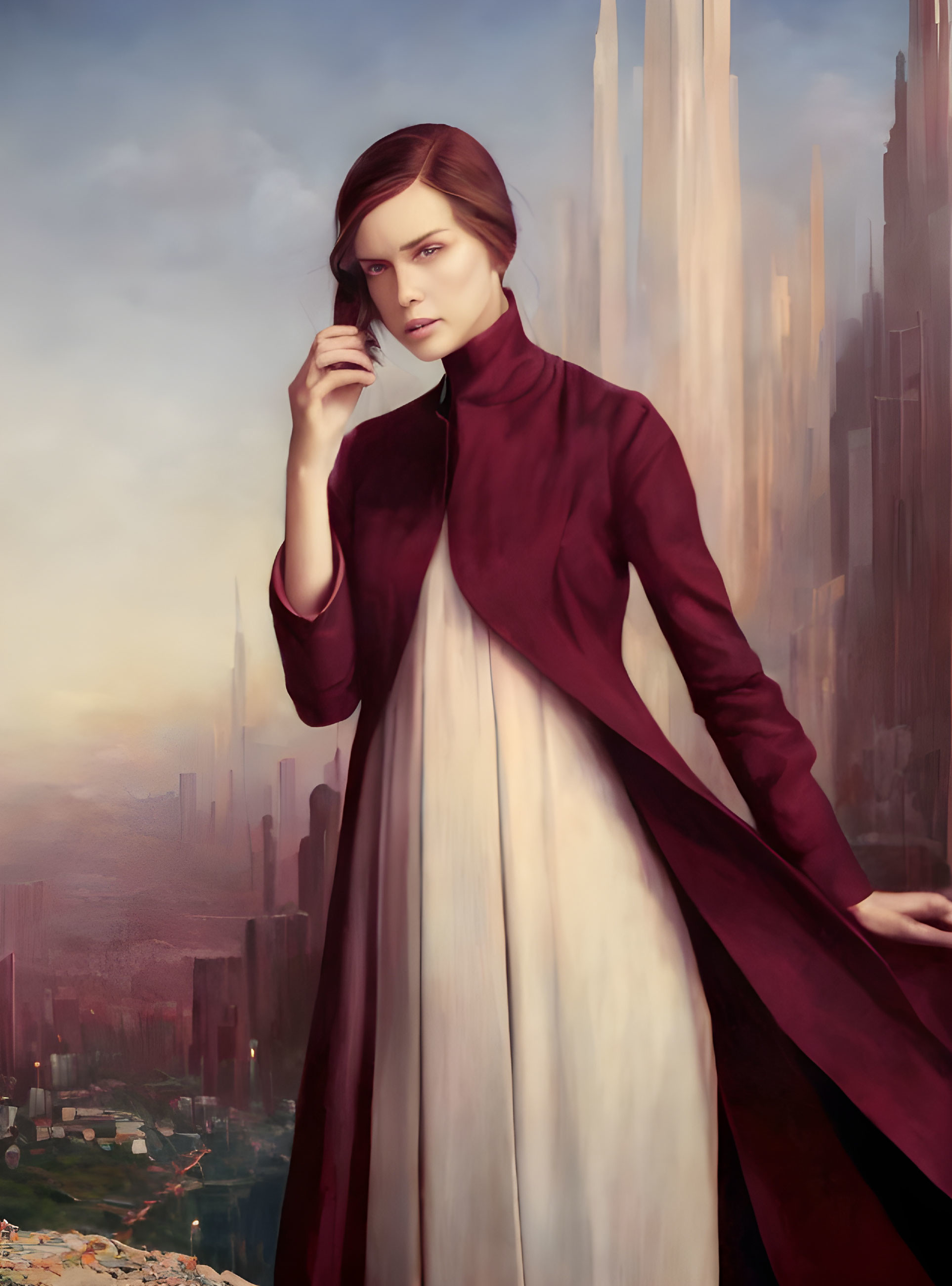 Contemplative woman in dual-toned dress against futuristic cityscape