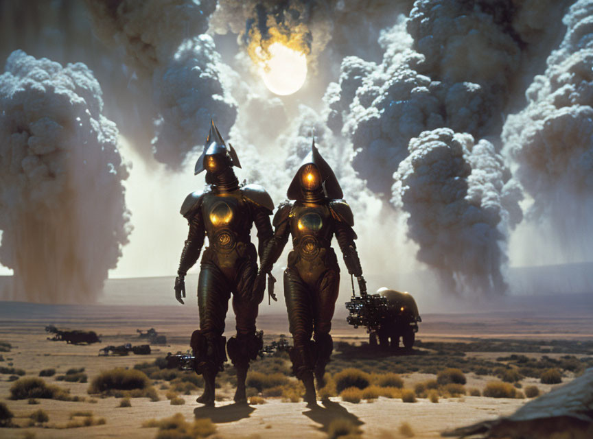 Futuristic figures walking in desert with smoke columns and hazy sun