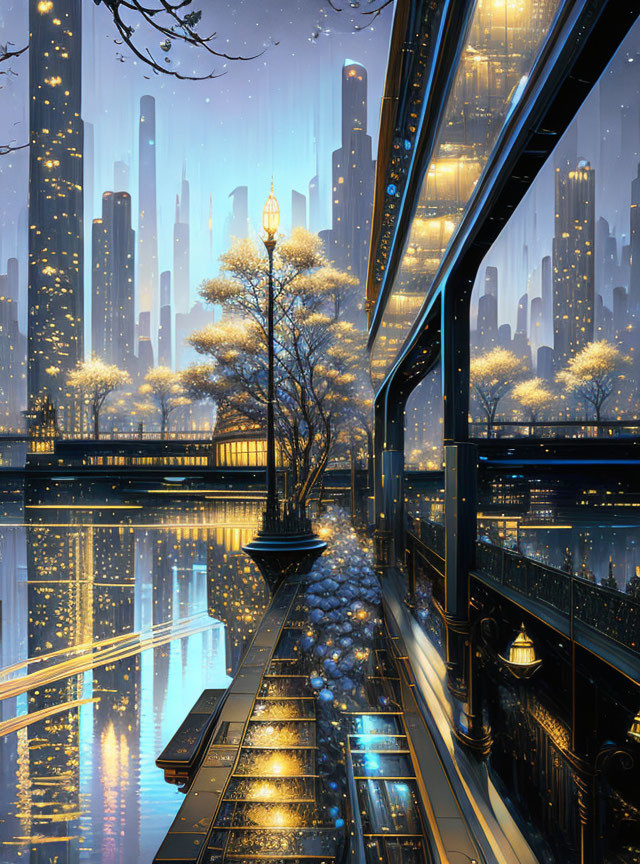 Cityscape with glowing trees, reflective water, walkway, futuristic buildings, starry sky