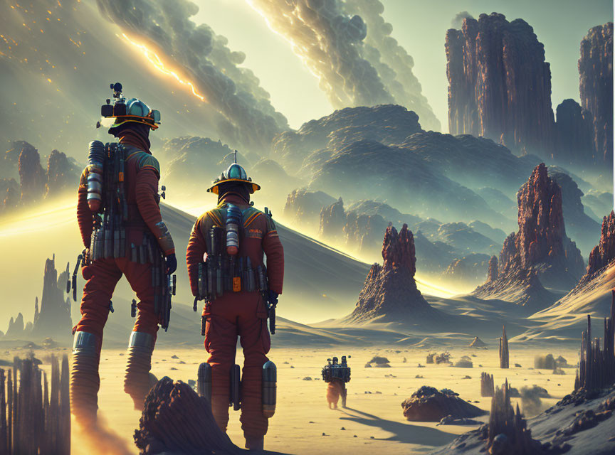 Astronauts in bulky suits explore alien desert landscape with towering rock formations under celestial sky.