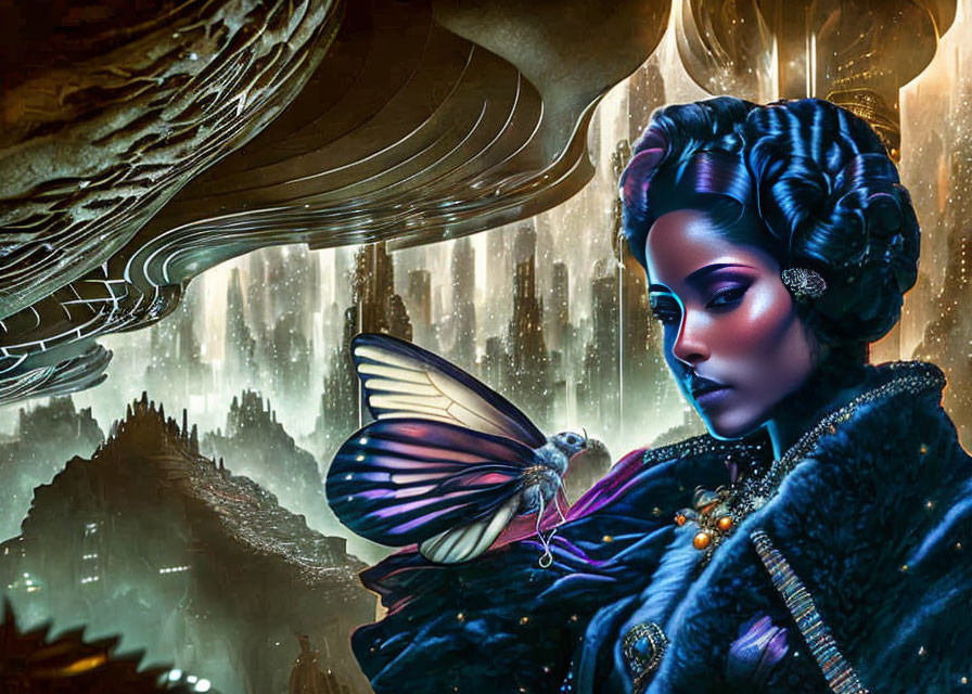 Surreal portrait of woman with butterfly in fantasy cityscape