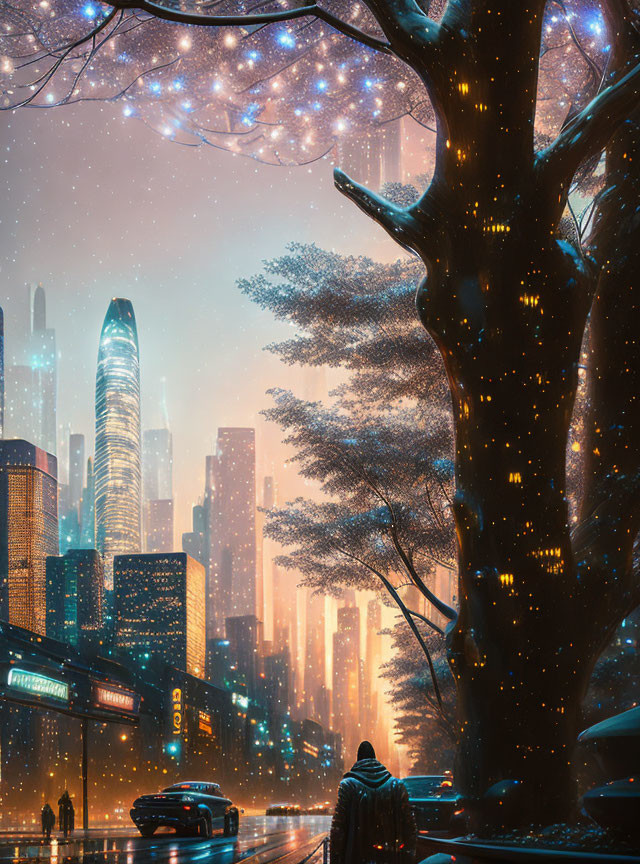 Futuristic cityscape at dusk: skyscrapers, giant illuminated tree, snowfall, lone