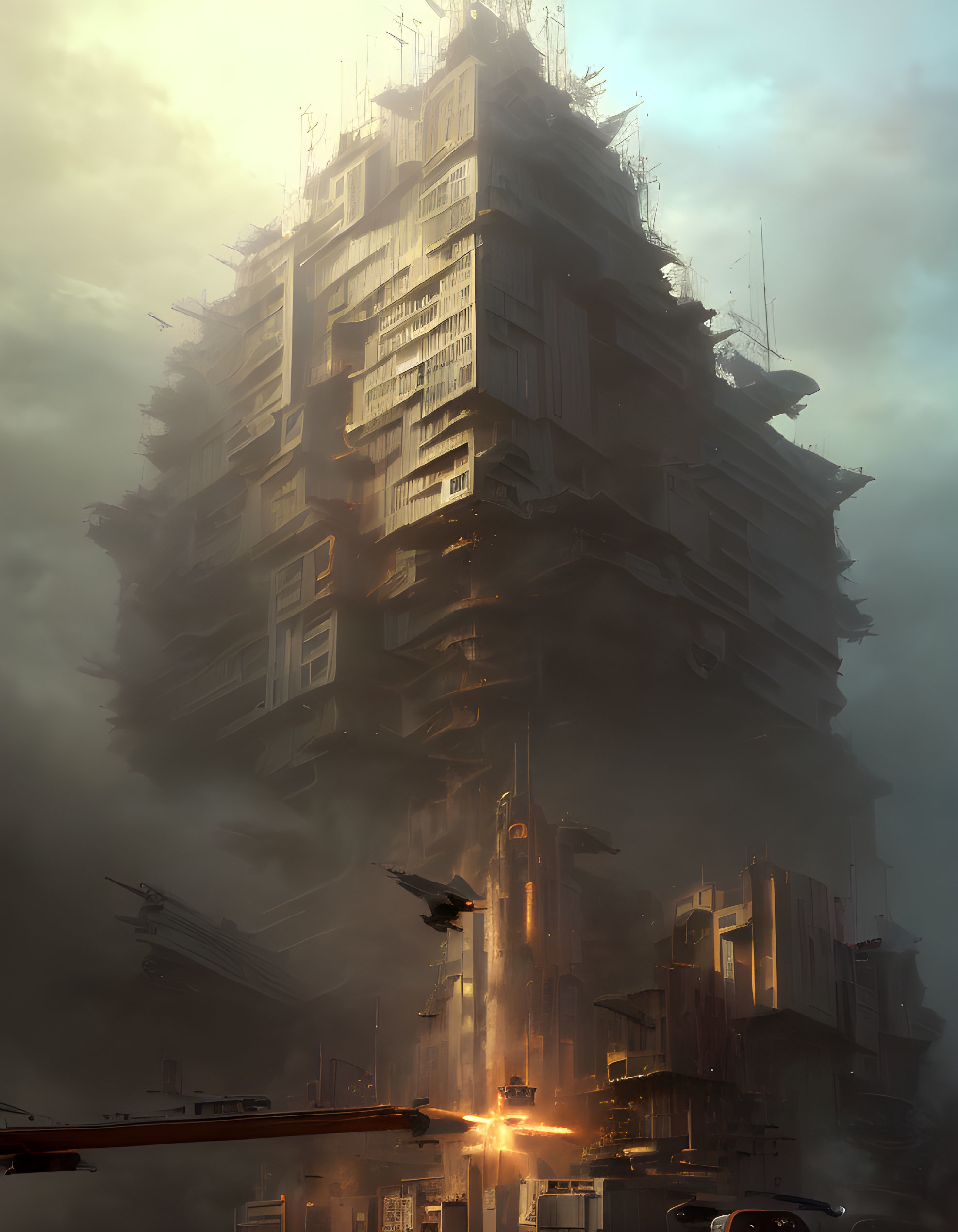 Towering futuristic megastructure in mist with flying vehicles and ambient light.