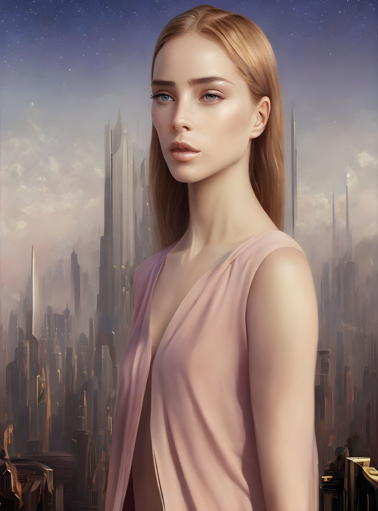 Blonde Woman in Pink Garment with Futuristic City Skyline