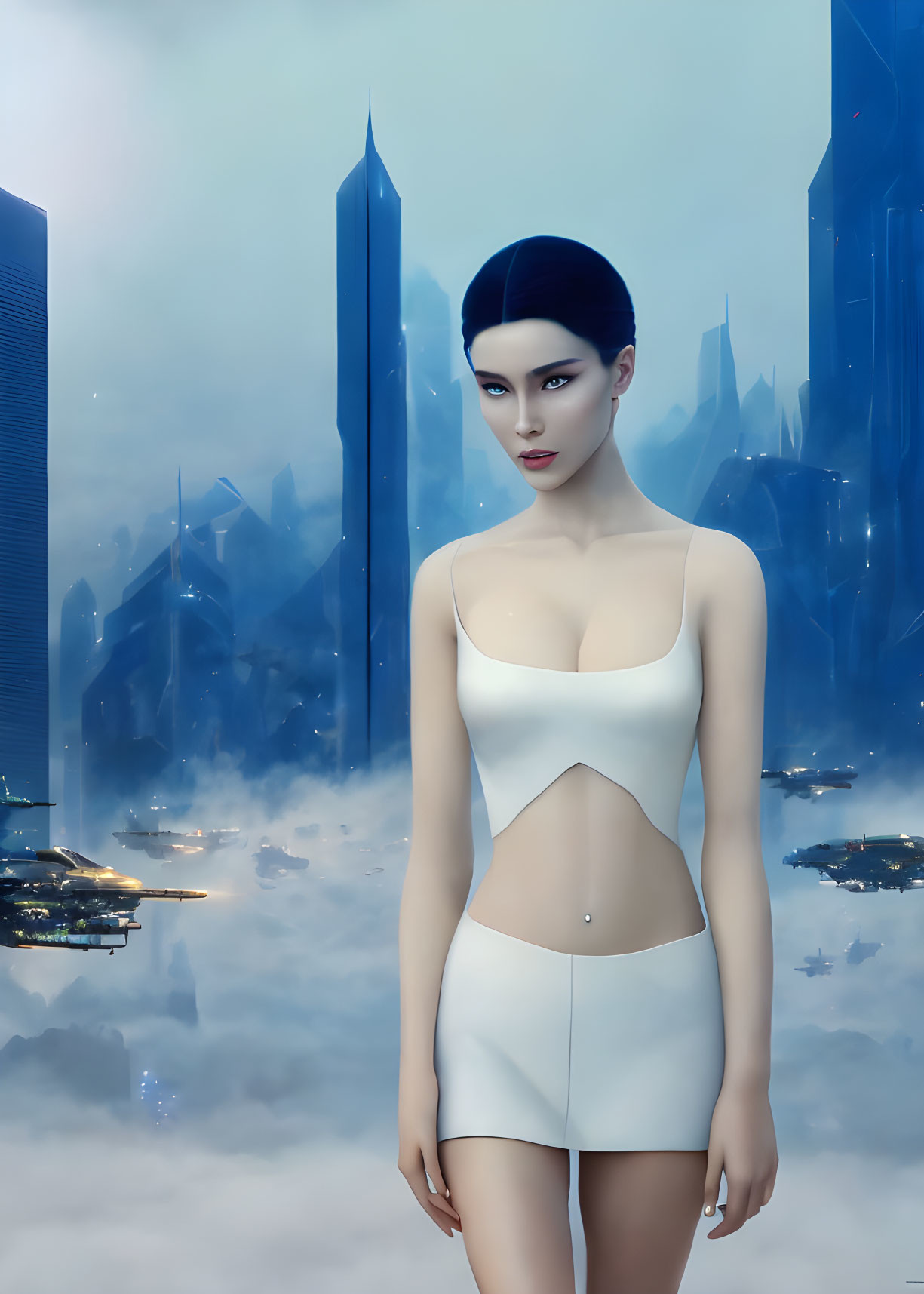 Blue-haired female character in futuristic cityscape with mist