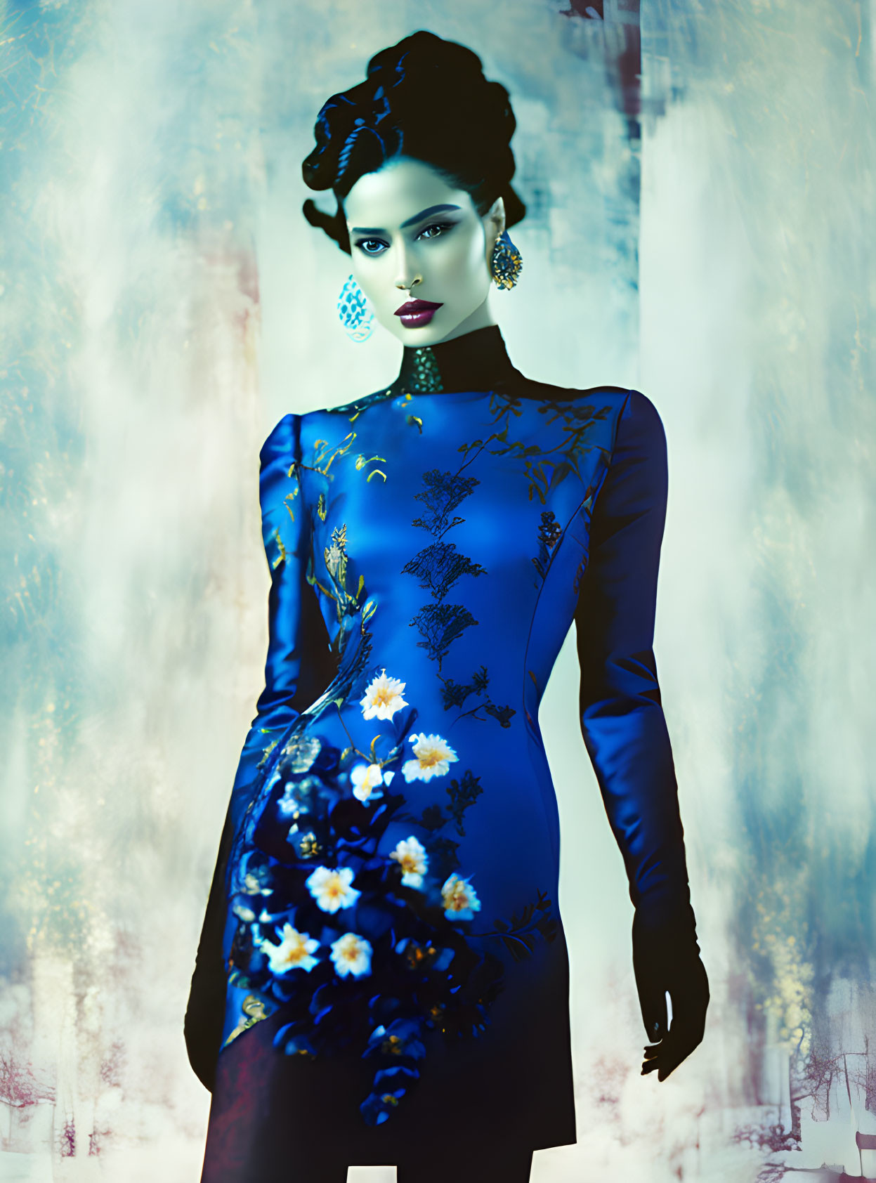 Elegant woman in blue dress with floral embroidery against ethereal backdrop