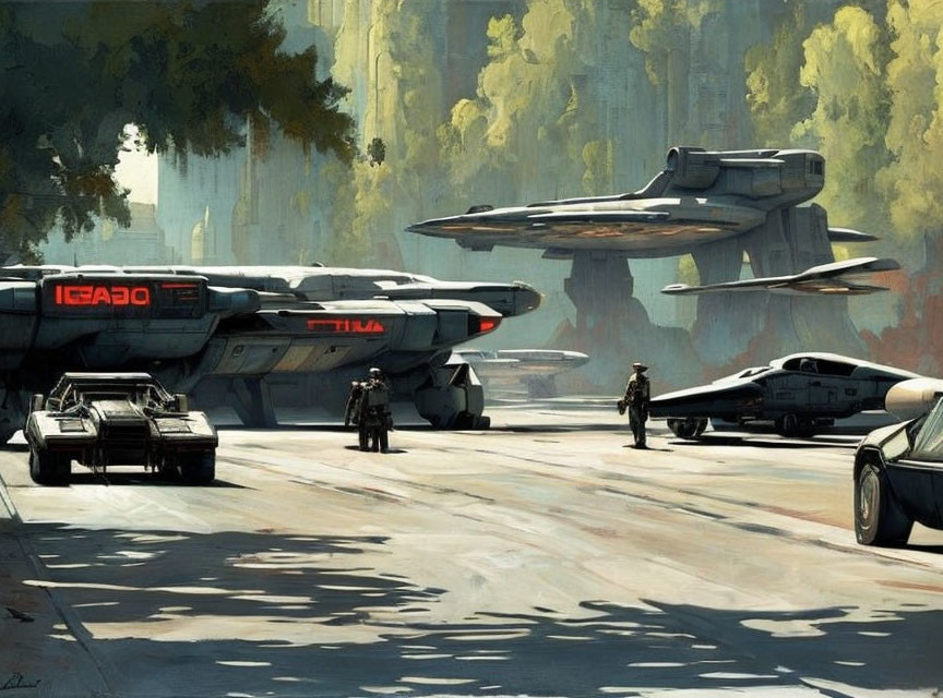 Futuristic vehicles and spaceships on landing pad with figures in sci-fi setting