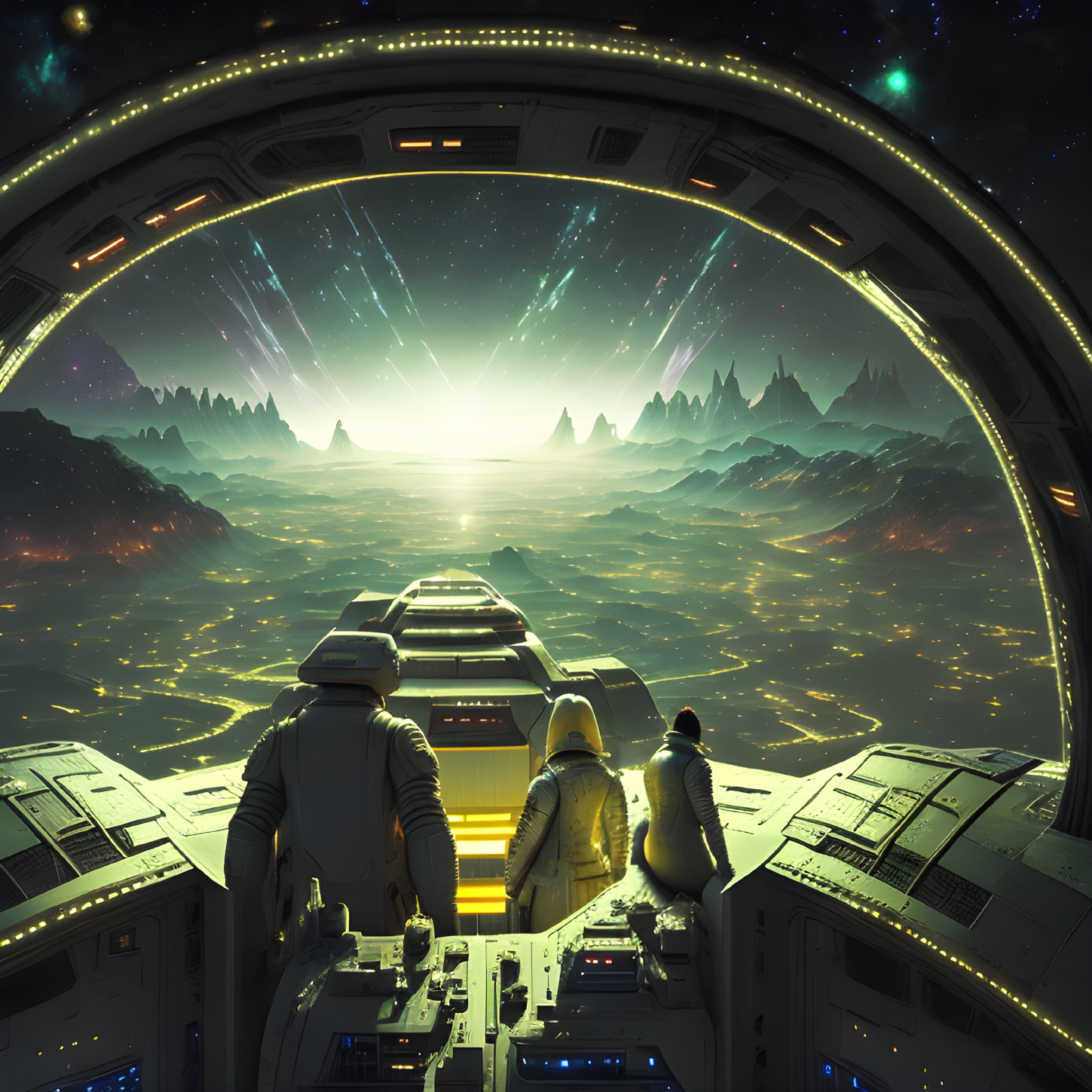 Two individuals observe sunrise over alien mountains in spaceship cockpit