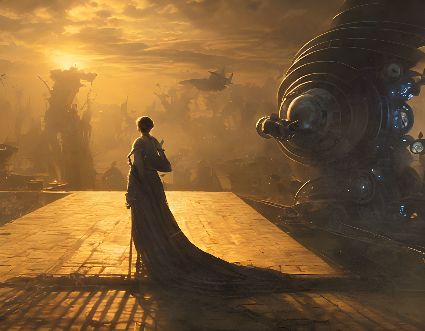 Person in flowing robe gazes at dramatic sunset with sci-fi structures and flying ships.