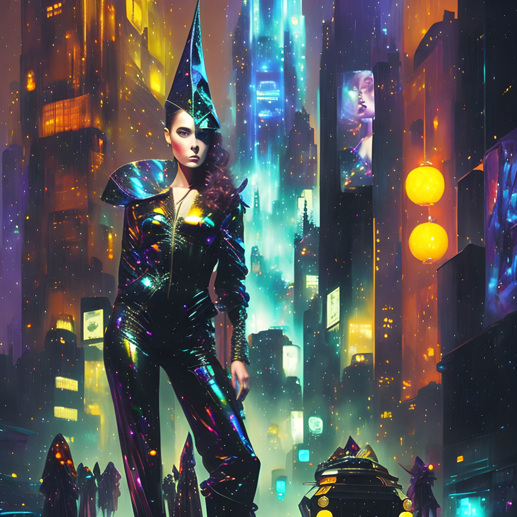 Futuristic night cityscape with neon lights and woman in sleek black outfit