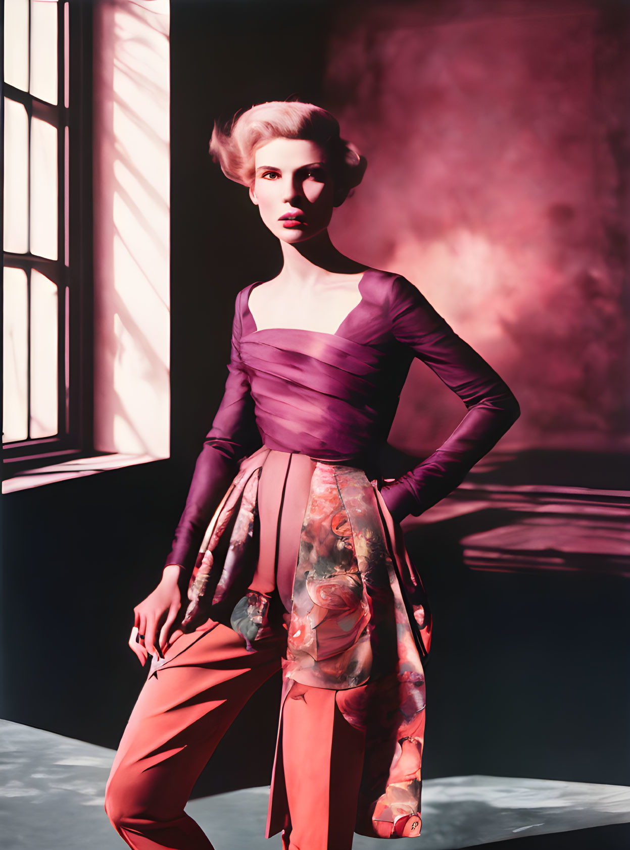 Stylish woman in purple top and red floral pants by window with dramatic shadow