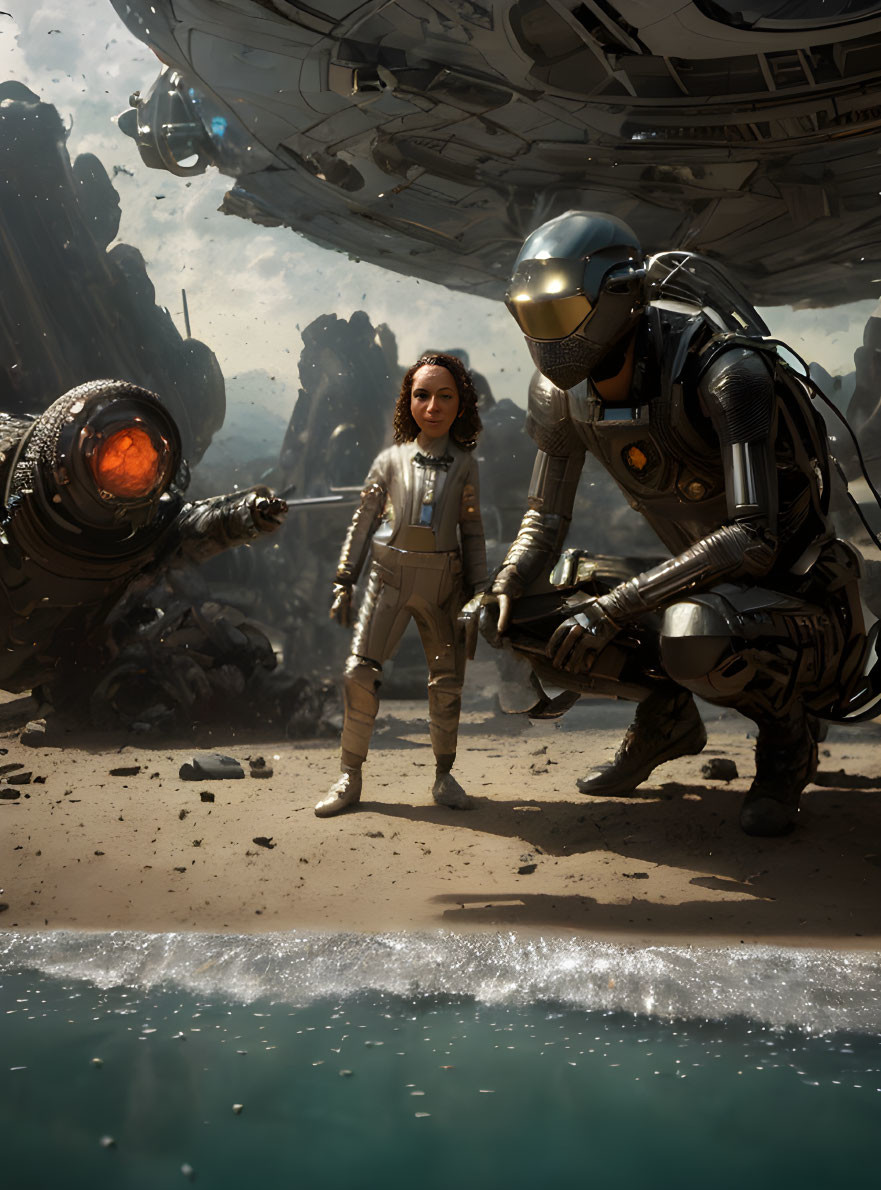 Woman, robot, spaceship, and alien creature on rocky alien planet