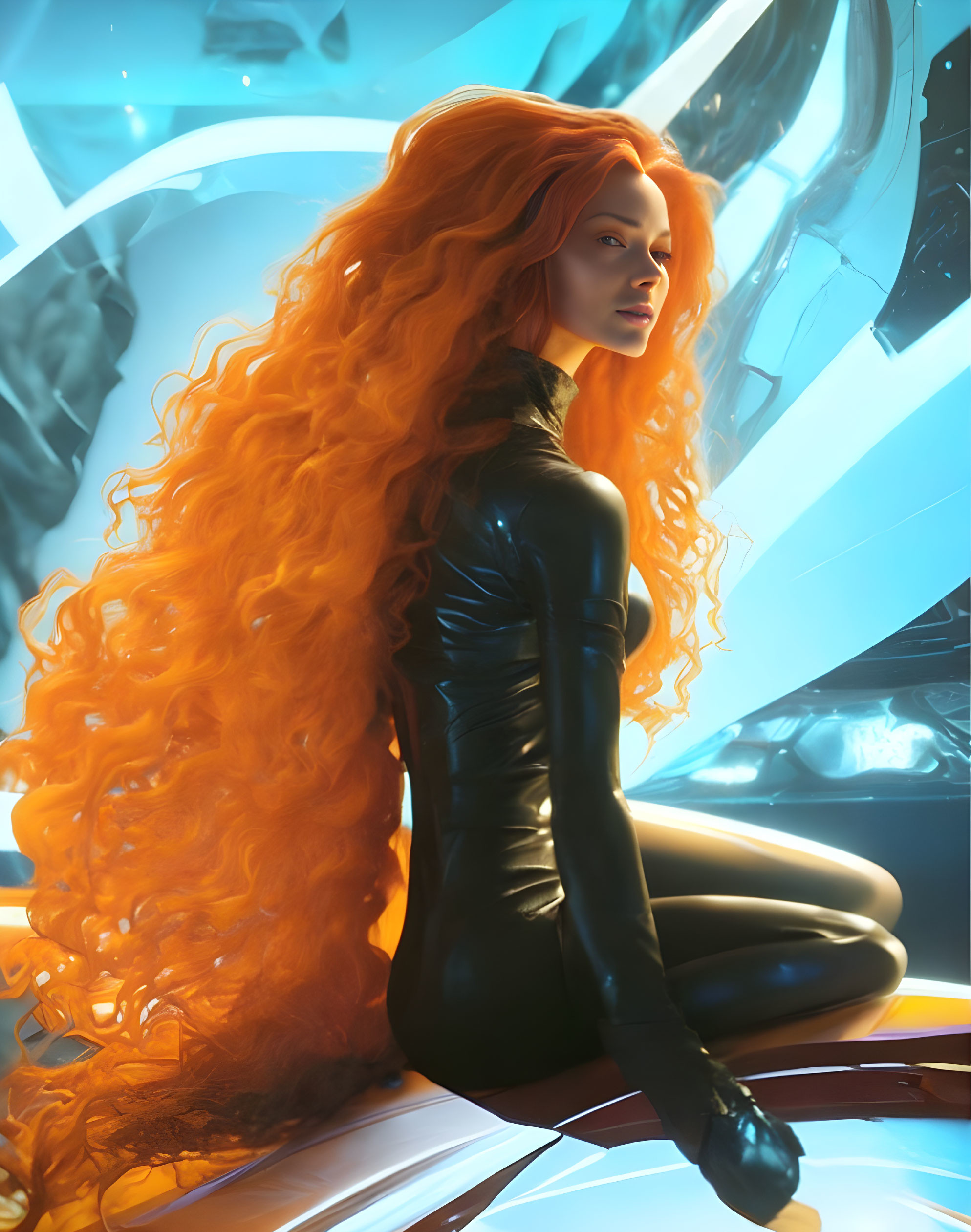 Digital artwork: Woman with long red hair in black bodysuit among futuristic blue structures