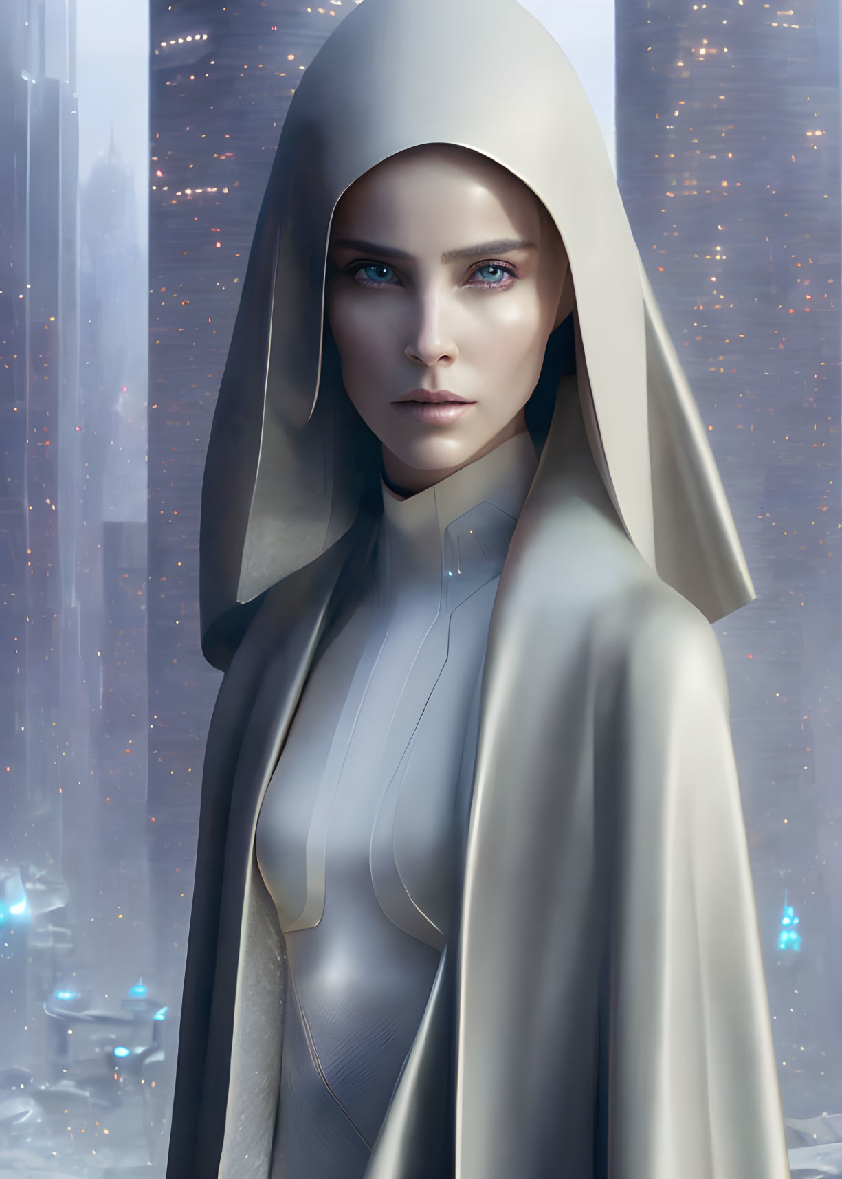 Futuristic woman portrait with city backdrop and glowing lights